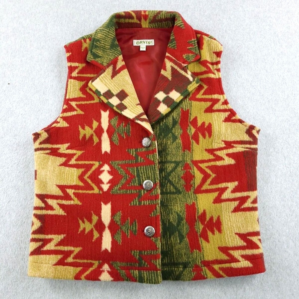 Orvis Vest Women Small Red Green Southwestern Aztec Metal Buttons Lined Fleece